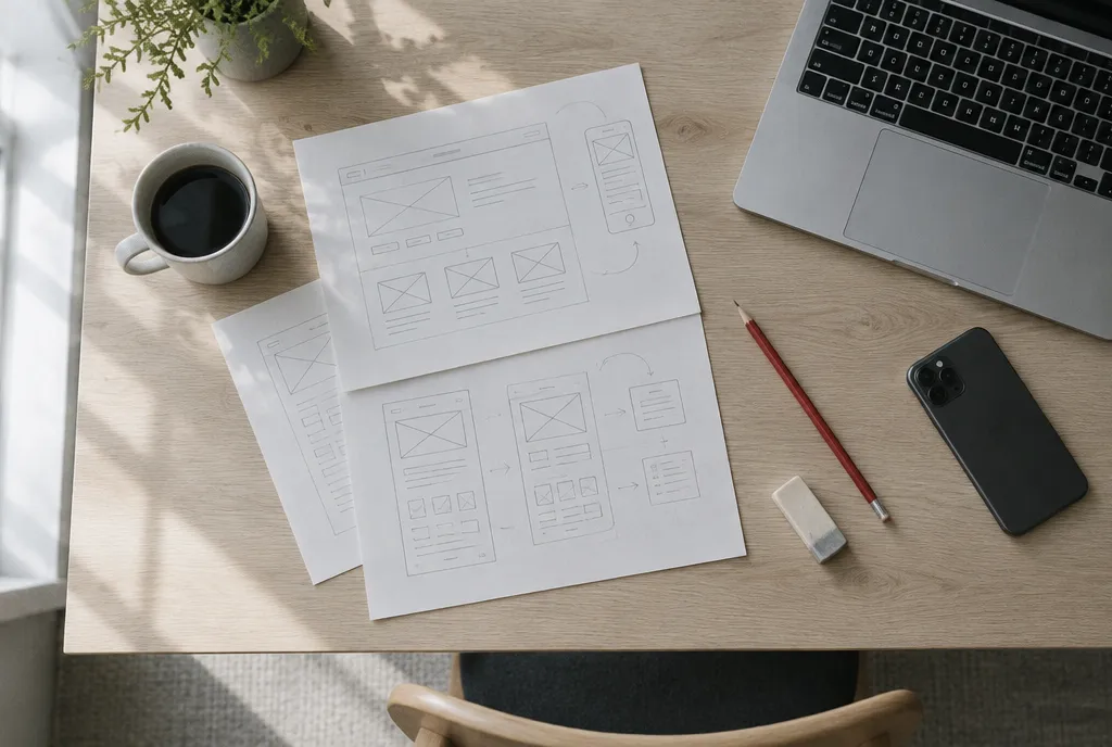 Skizzen von Website-Layouts auf einem hellen Holztisch, daneben Laptop, Handy, roter Stift und Kaffee.