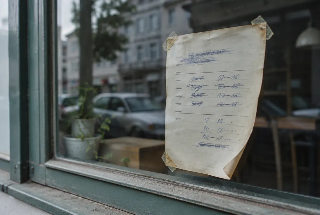 Ein vergilbter Zettel mit handschriftlich korrigierten Öffnungszeiten klebt an einem Schaufenster.