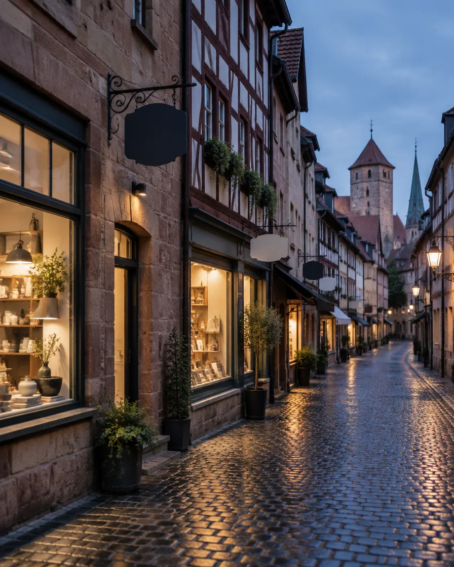 Eine Gasse in der Nürnberger Altstadt zur blauen Stunde, warmes Licht aus Schaufenstern auf nassem Pflaster.